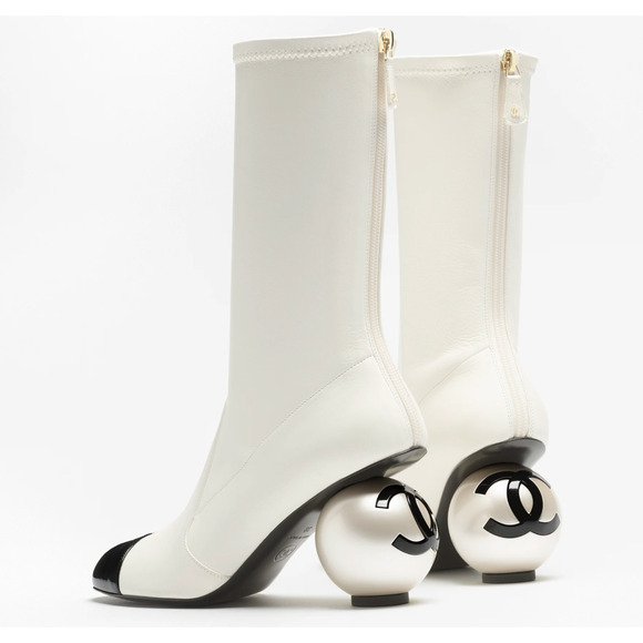 Chanel 25K White Black Pearl Ball Heel CC Logo Stretch Leather Midcalf Boot 39 - Picture 1 of 16